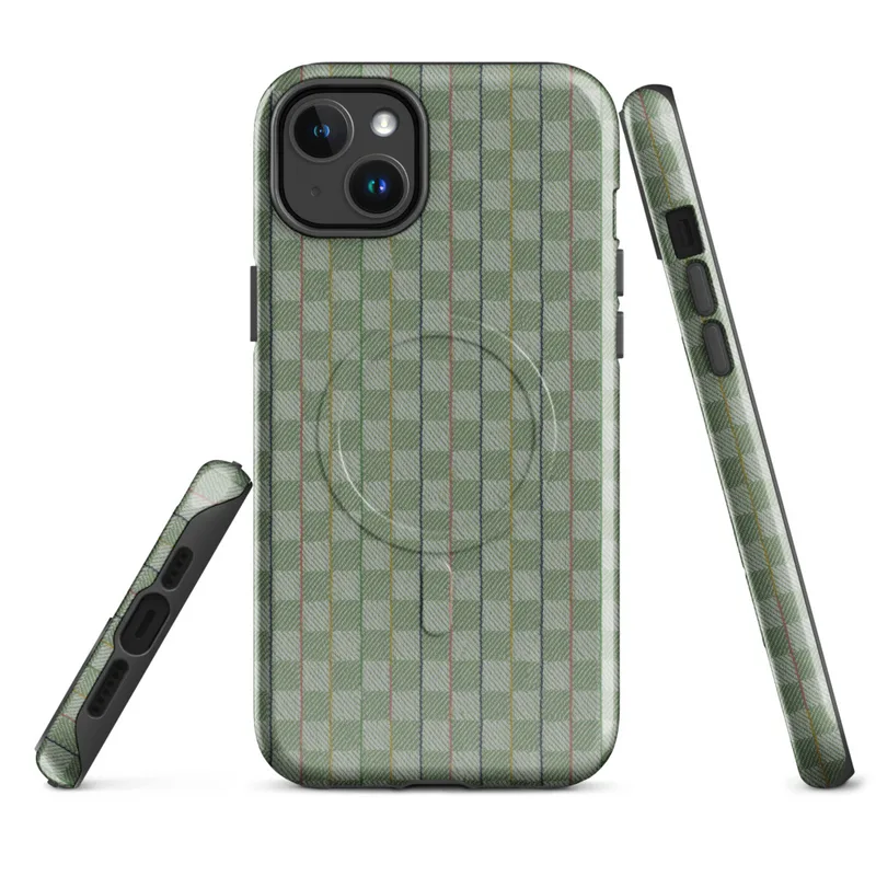 Glossy Garden Weave Stripe MagSafe Tough Case for iPhone — basket-weave grid pattern in sage and celadon green with thin