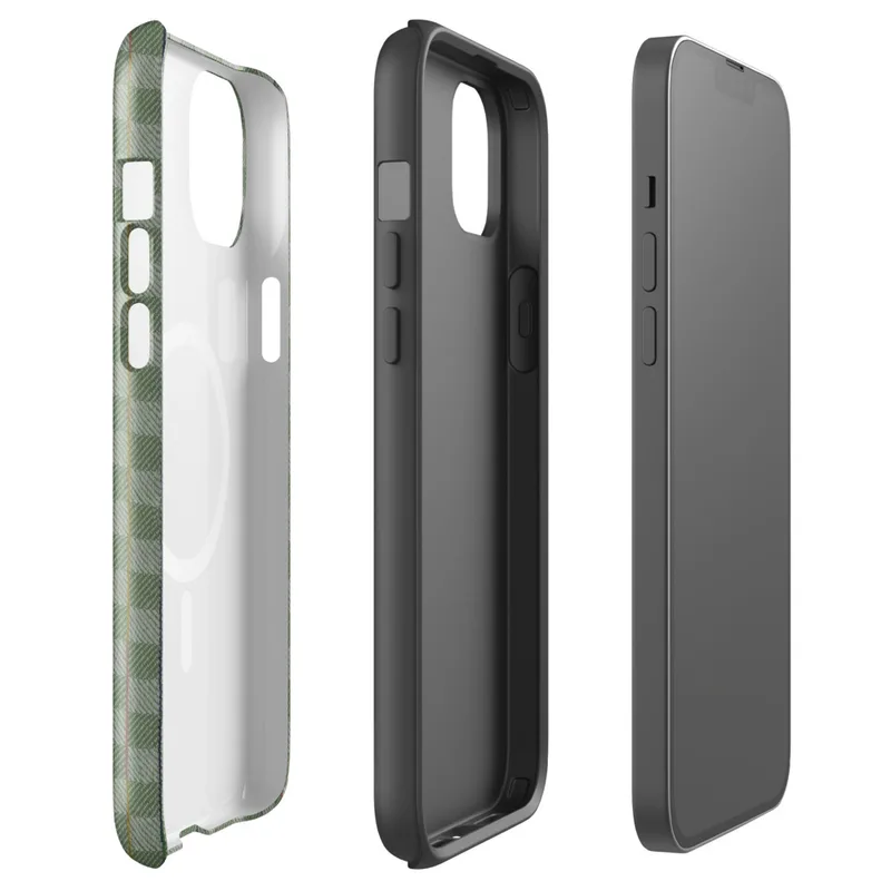 Glossy Garden Weave Stripe MagSafe Tough Case for iPhone — basket-weave grid pattern in sage and celadon green with thin
