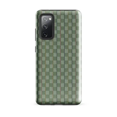 woven basketweave pattern with vertical sage green and mint stripes and fine navy, gold, and dusty rose accent lines on Glossy Garden Weave Stripe Tough Case for Samsung - default - Front view