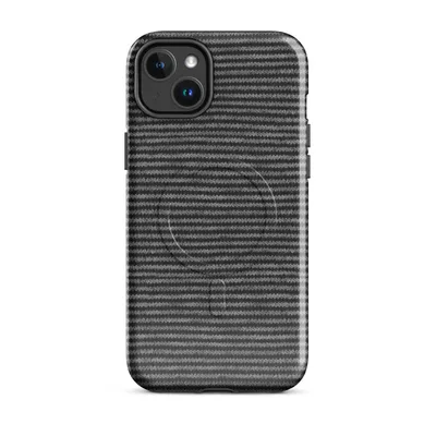 tightly repeating horizontal stripes of charcoal and light grey mimicking the texture of fine knit fabric on Glossy Shadow Stripe Knit MagSafe Tough Case for iPhone - default - Front view