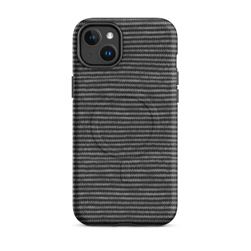 Matte Shadow Stripe Knit MagSafe Tough Case for iPhone — tightly repeating horizontal stripes of charcoal and light grey
