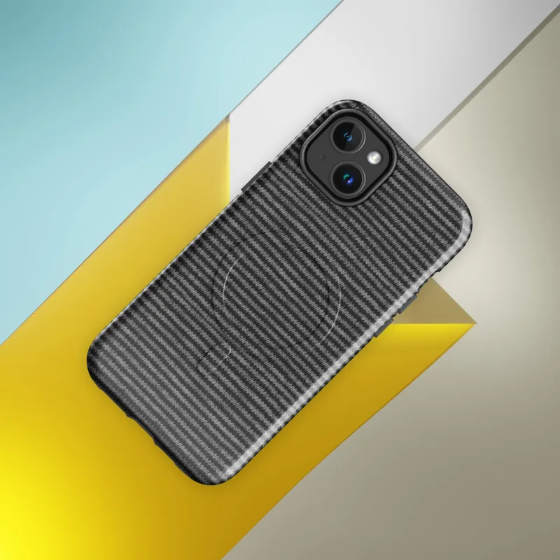Glossy Shadow Stripe Knit MagSafe Tough Case for iPhone — tightly repeating horizontal stripes of charcoal and light grey