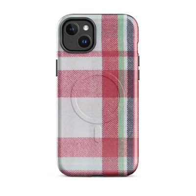 classic tartan plaid woven in deep red, navy blue, forest green, and white with intersecting stripe grid pattern on Glossy Classic Plaid Heritage MagSafe Tough Case for iPhone - default - Front view