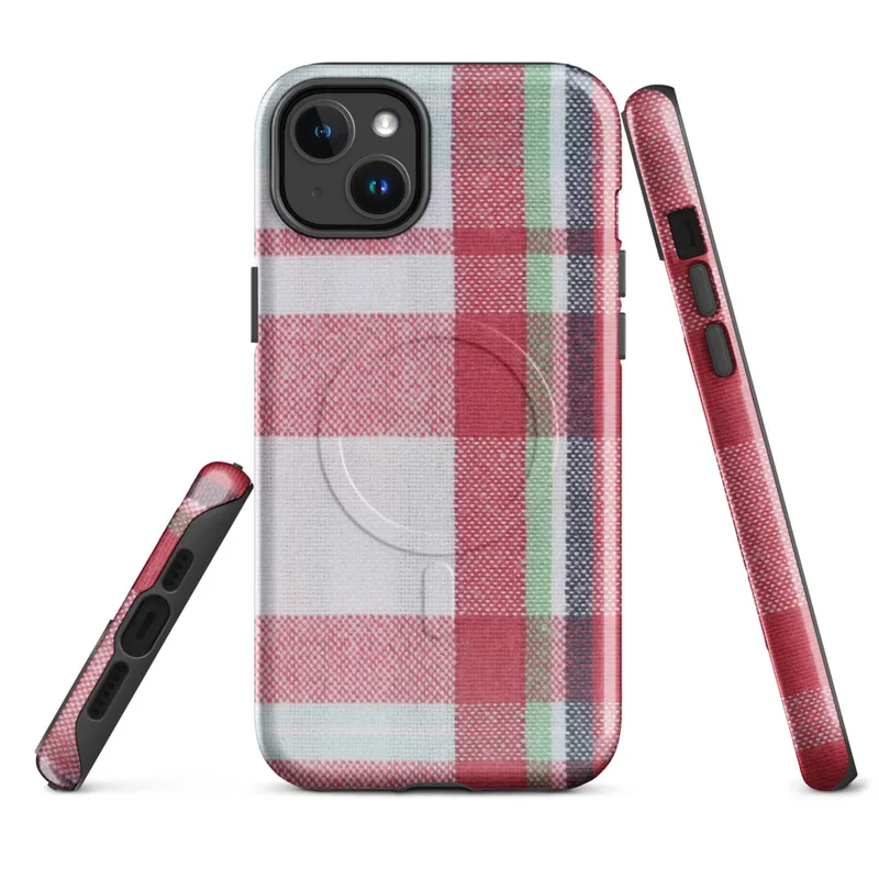 Glossy Classic Plaid Heritage MagSafe Tough Case for iPhone — classic tartan plaid woven in deep red, navy blue, forest