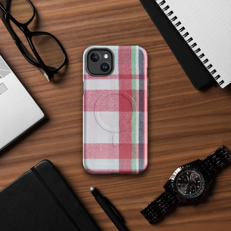 Glossy Classic Plaid Heritage MagSafe Tough Case for iPhone — classic tartan plaid woven in deep red, navy blue, forest