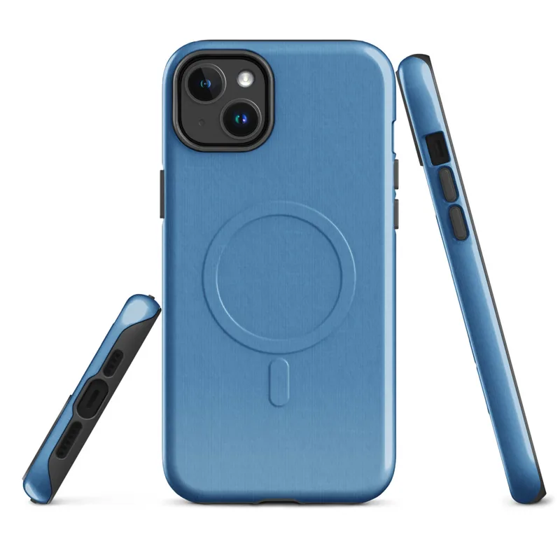 Glossy Clear Skies Blue MagSafe Tough Case for iPhone — solid cerulean blue with a soft textile texture and subtle tonal