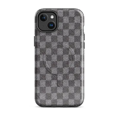 tight charcoal and silver woven check plaid pattern with a textile fabric texture on Glossy Urban Grid Plaid MagSafe Tough Case for iPhone - default - Front view