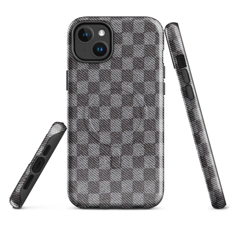 Glossy Urban Grid Plaid MagSafe Tough Case for iPhone — tight charcoal and silver woven check plaid pattern with a textile