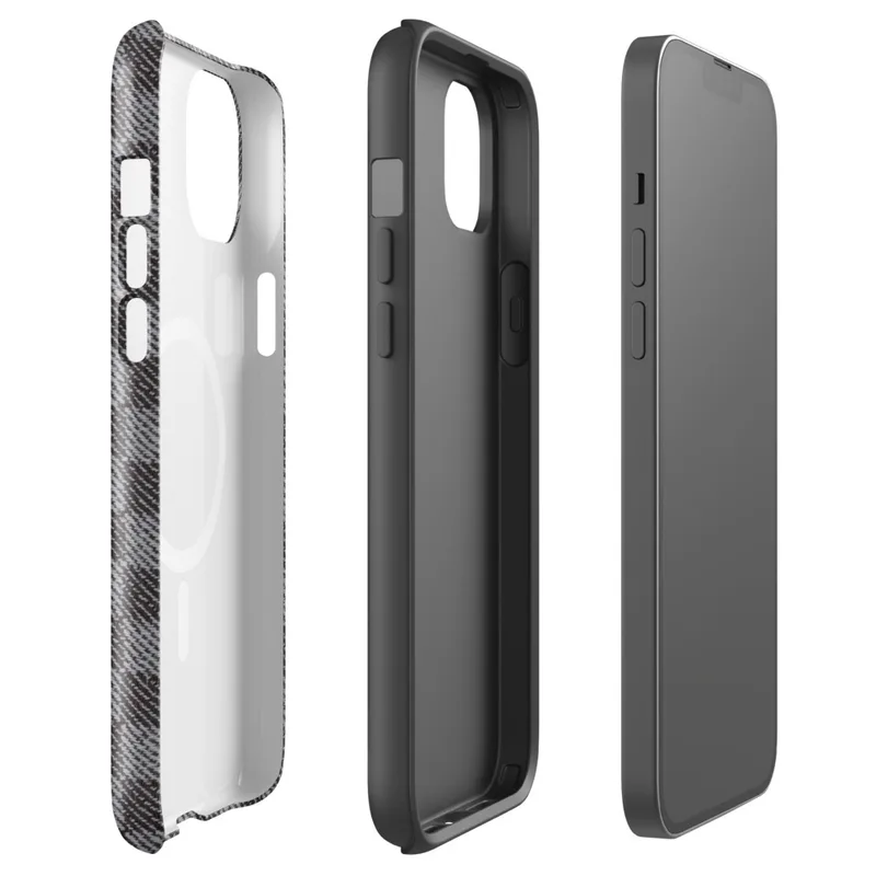 Glossy Urban Grid Plaid MagSafe Tough Case for iPhone — tight charcoal and silver woven check plaid pattern with a textile