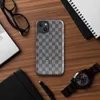 Glossy Urban Grid Plaid MagSafe Tough Case for iPhone — tight charcoal and silver woven check plaid pattern with a textile