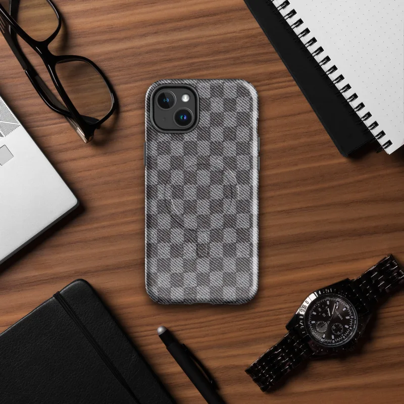 Glossy Urban Grid Plaid MagSafe Tough Case for iPhone — tight charcoal and silver woven check plaid pattern with a textile