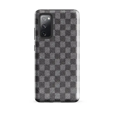close-up woven twill fabric pattern in alternating light grey and charcoal squares with diagonal thread texture on Glossy Steel Grid Woven Check Tough Case for Samsung - default - Front view