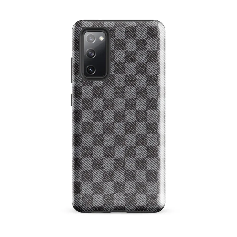 Glossy Steel Grid Woven Check Tough Case for Samsung — close-up woven twill fabric pattern in alternating light grey
