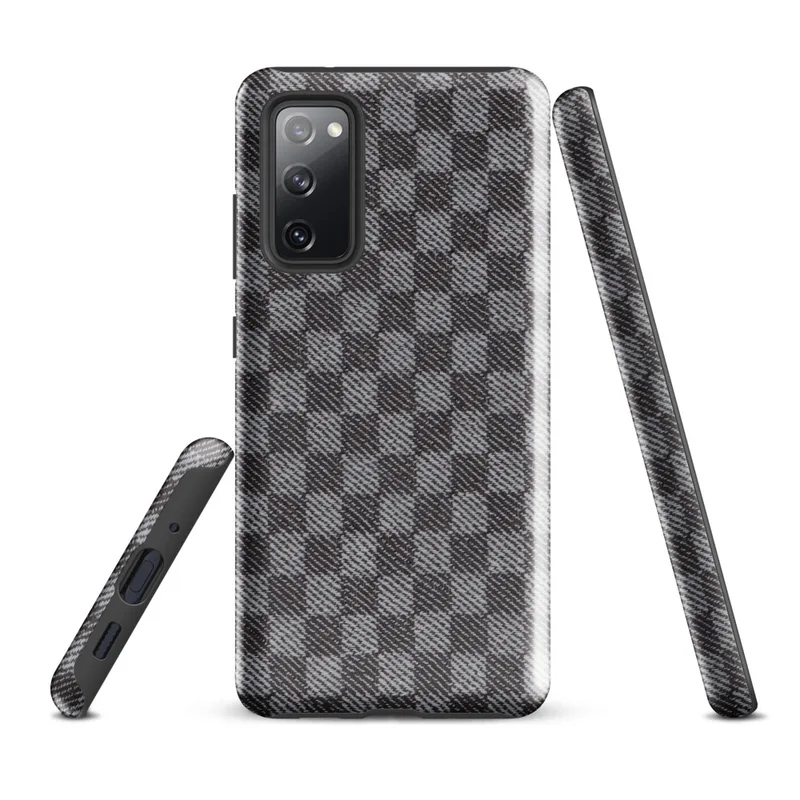Glossy Steel Grid Woven Check Tough Case for Samsung — close-up woven twill fabric pattern in alternating light grey