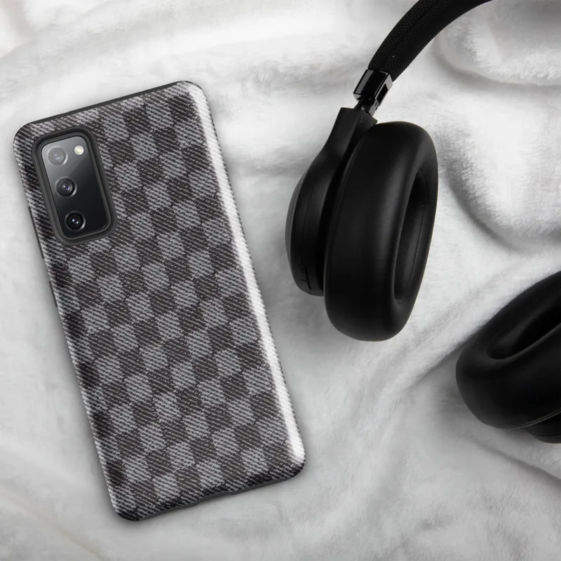 Glossy Steel Grid Woven Check Tough Case for Samsung — close-up woven twill fabric pattern in alternating light grey