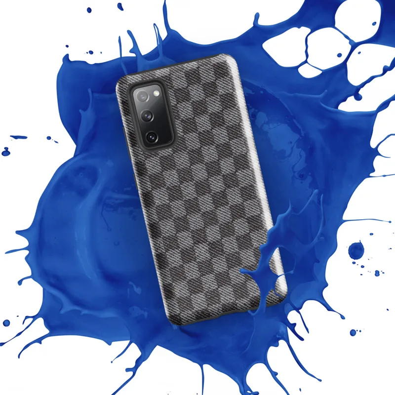 Glossy Steel Grid Woven Check Tough Case for Samsung — close-up woven twill fabric pattern in alternating light grey