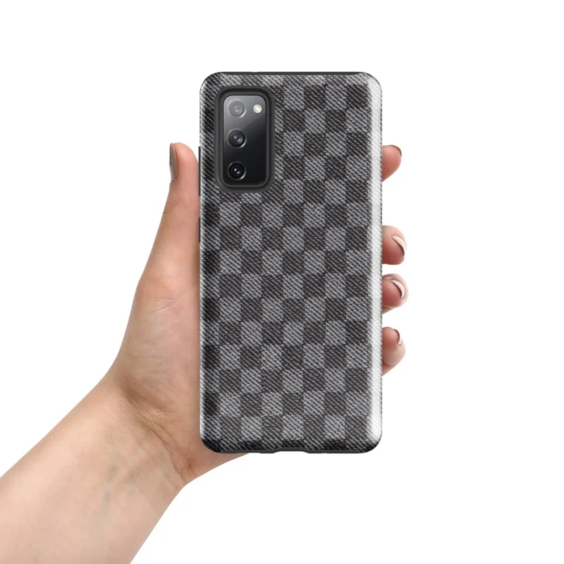 Glossy Steel Grid Woven Check Tough Case for Samsung — close-up woven twill fabric pattern in alternating light grey