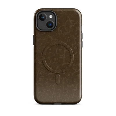 cracked dry earth texture in deep chocolate brown with organic tan fracture lines resembling parched desert clay on Glossy Cracked Earth Desert MagSafe Tough Case for iPhone - default - Front view