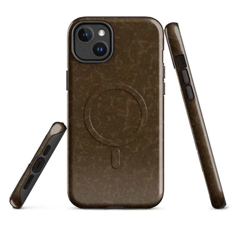 Glossy Cracked Earth Desert MagSafe Tough Case for iPhone — cracked dry earth texture in deep chocolate brown with organic