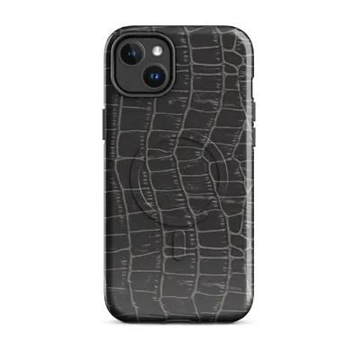 close-up crocodile skin scale pattern in deep black and charcoal with raised ridge lines and subtle sheen on Glossy Midnight Croc MagSafe Tough Case for iPhone - default - Front view