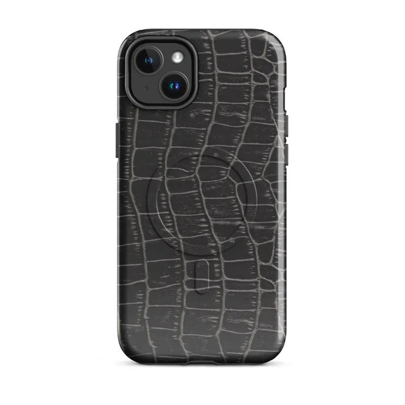 Glossy Midnight Croc MagSafe Tough Case for iPhone — close-up crocodile skin scale pattern in deep black and charcoal