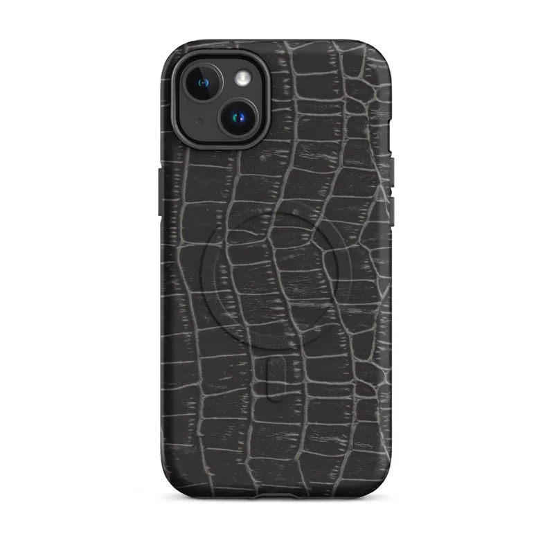 Matte Midnight Croc MagSafe Tough Case for iPhone — close-up crocodile skin scale pattern in deep black and charcoal