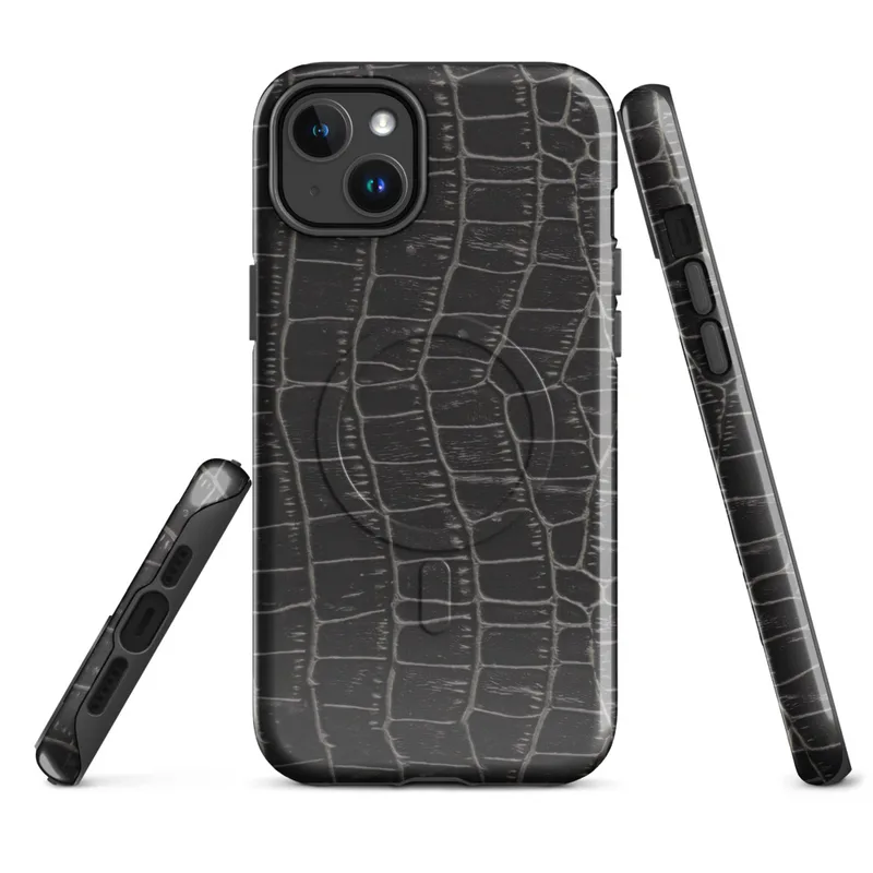 Glossy Midnight Croc MagSafe Tough Case for iPhone — close-up crocodile skin scale pattern in deep black and charcoal
