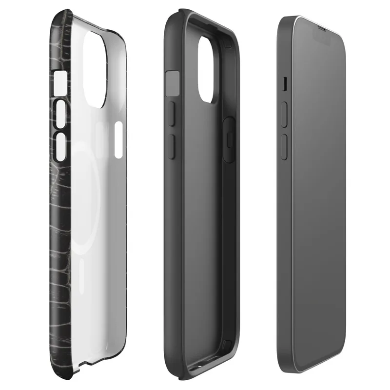 Glossy Midnight Croc MagSafe Tough Case for iPhone — close-up crocodile skin scale pattern in deep black and charcoal