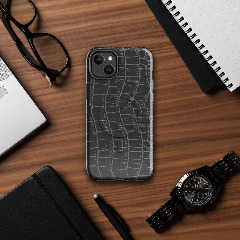 Glossy Midnight Croc MagSafe Tough Case for iPhone — close-up crocodile skin scale pattern in deep black and charcoal