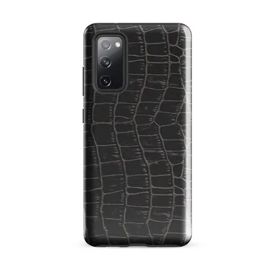 close-up black crocodile skin scale pattern with raised ridges and deep charcoal tones on a dark background on Glossy Midnight Croc Tough Case for Samsung - default - Front view