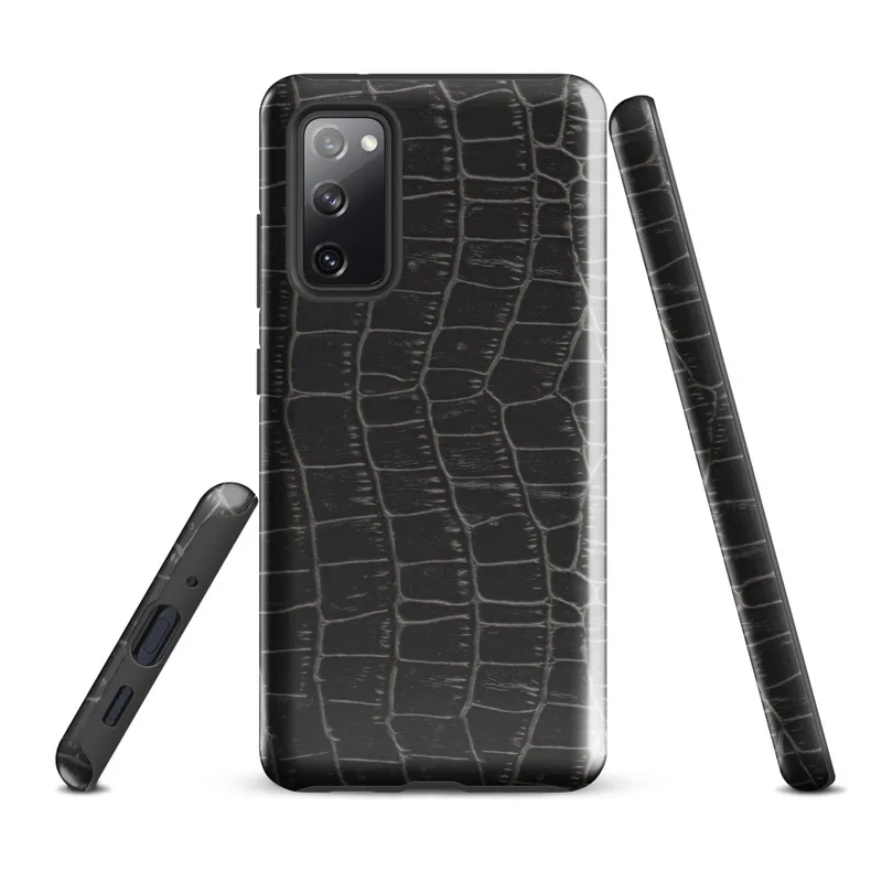 Glossy Midnight Croc Tough Case for Samsung — close-up black crocodile skin scale pattern with raised ridges and deep
