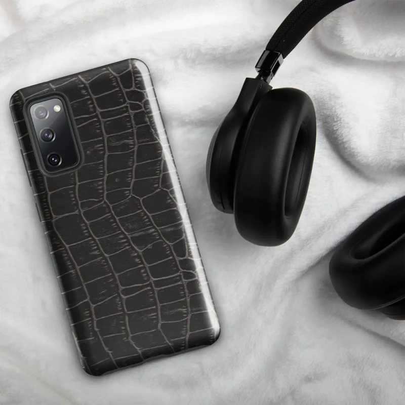 Glossy Midnight Croc Tough Case for Samsung — close-up black crocodile skin scale pattern with raised ridges and deep