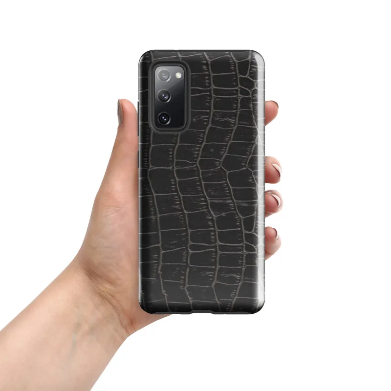 Glossy Midnight Croc Tough Case for Samsung — close-up black crocodile skin scale pattern with raised ridges and deep