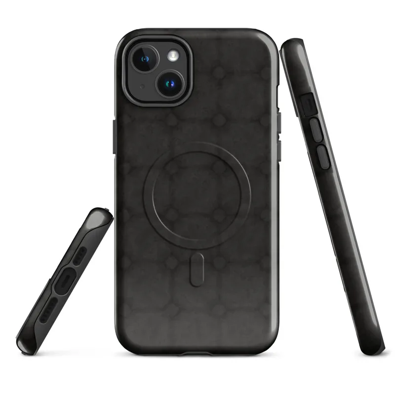 Glossy Dark Stone Grid MagSafe Tough Case for iPhone — seamless repeating grid of dark charcoal stone tiles with small