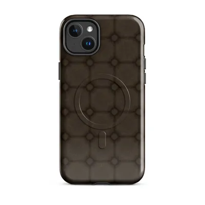 repeating grid of rounded octagonal stone tiles in deep brown and black with small diamond joints, resembling aged cobblestone on Glossy Dark Earth Cobblestone Grid MagSafe Tough Case for iPhone - default - Front view