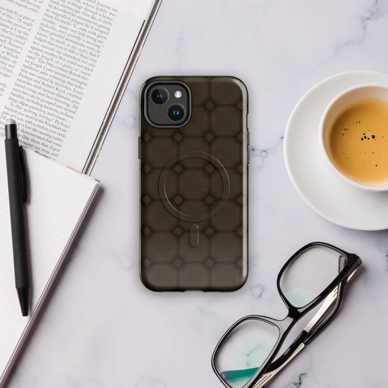 Glossy Dark Earth Cobblestone Grid MagSafe Tough Case for iPhone — repeating grid of rounded octagonal stone tiles in deep