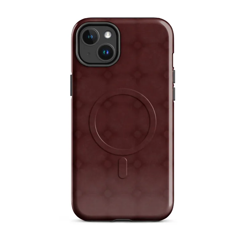 Glossy Crimson Grid Elegance MagSafe Tough Case for iPhone — repeating burgundy lattice pattern with softly blurred diamond