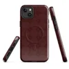Glossy Crimson Grid Elegance MagSafe Tough Case for iPhone — repeating burgundy lattice pattern with softly blurred diamond