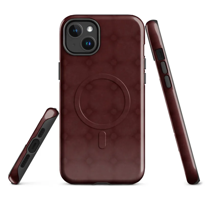 Glossy Crimson Grid Elegance MagSafe Tough Case for iPhone — repeating burgundy lattice pattern with softly blurred diamond