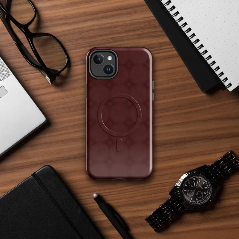 Glossy Crimson Grid Elegance MagSafe Tough Case for iPhone — repeating burgundy lattice pattern with softly blurred diamond