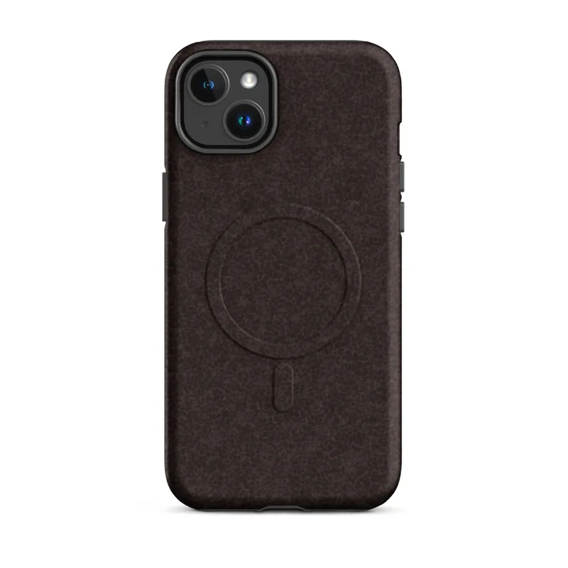 Matte Dark Earth Leather Texture MagSafe Tough Case for iPhone — close-up crackled dark espresso leather texture with subtle