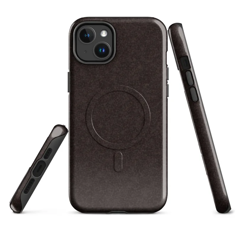 Glossy Dark Earth Leather Texture MagSafe Tough Case for iPhone — close-up crackled dark espresso leather texture