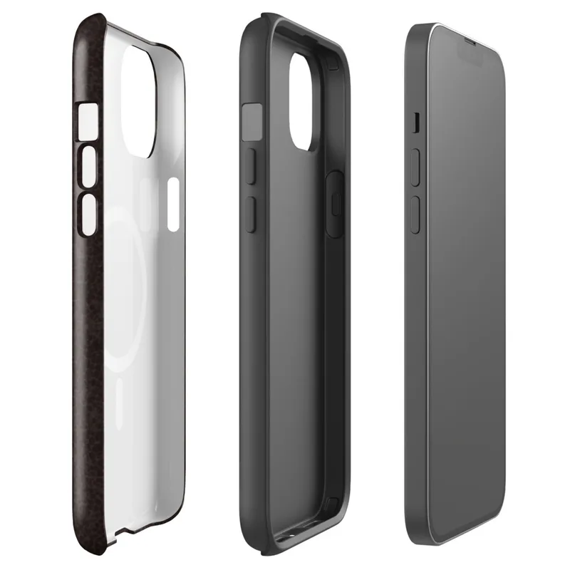 Glossy Dark Earth Leather Texture MagSafe Tough Case for iPhone — close-up crackled dark espresso leather texture