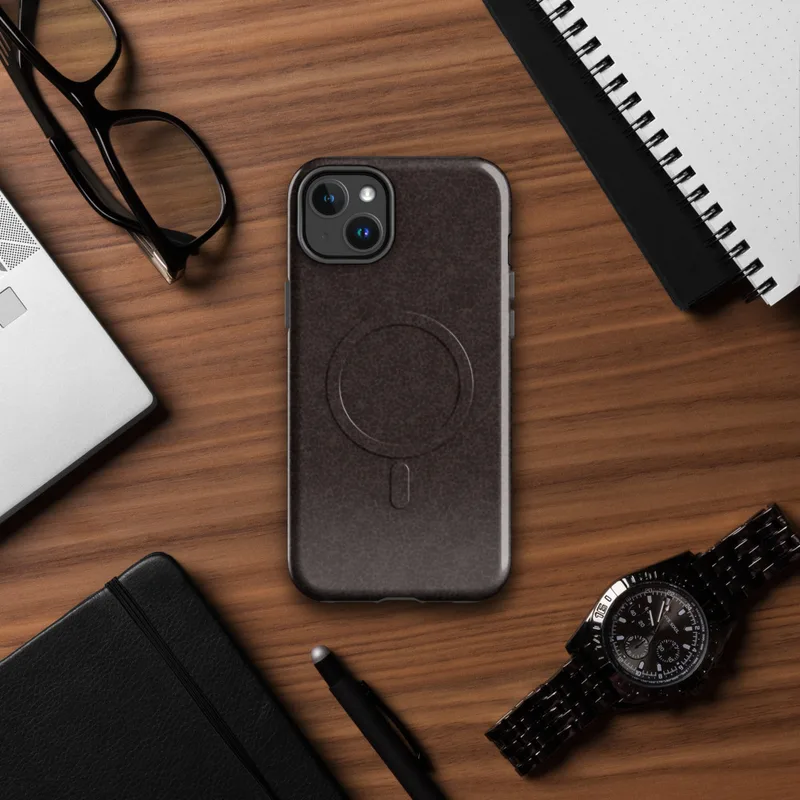Glossy Dark Earth Leather Texture MagSafe Tough Case for iPhone — close-up crackled dark espresso leather texture