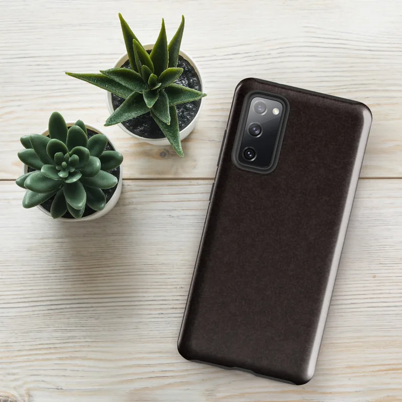 Glossy Dark Earth Leather Texture Tough Case for Samsung — close-up crackle texture mimicking aged leather in deep espresso
