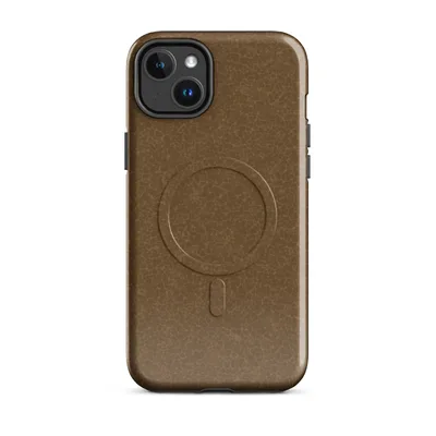 crackled leather surface texture in warm amber and saddle brown tones with fine network of subtle fissures on Glossy Weathered Leather Terrain MagSafe Tough Case for iPhone - default - Front view