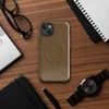 Glossy Weathered Leather Terrain MagSafe Tough Case for iPhone — crackled leather surface texture in warm amber and saddle