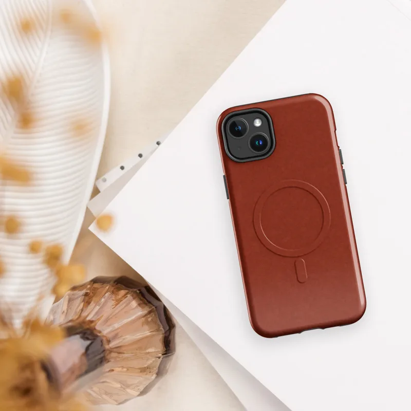 Glossy Ember Red Textured MagSafe Tough Case for iPhone — deep burnt red surface with a subtle all-over crackle glaze