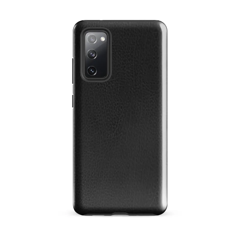 Glossy Midnight Black Leather Edge Tough Case for Samsung — close-up black leather surface with organic grain texture