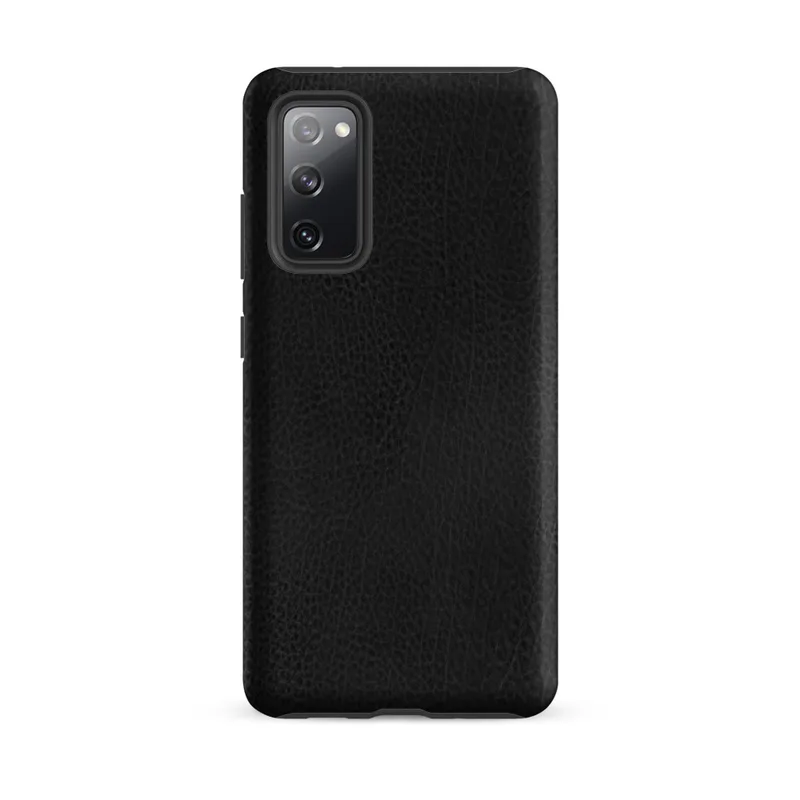 Matte Midnight Black Leather Edge Tough Case for Samsung — close-up black leather surface with organic grain texture, subtle